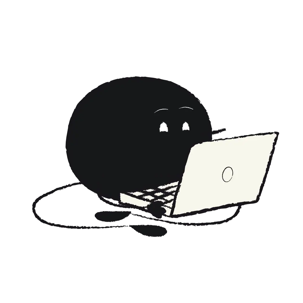 Illustration of Qoodle working with a laptop